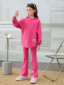 SHEIN 女大童標語補丁貼落肩袖連帽衫&喇叭褲 - 玫紅色 - 查看 1