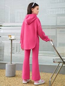 SHEIN 女大童標語補丁貼落肩袖連帽衫&喇叭褲 - 玫紅色 - 查看 2