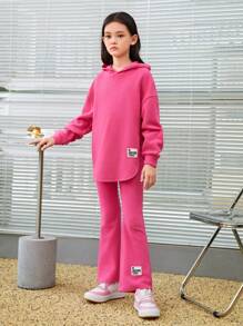 SHEIN 女大童標語補丁貼落肩袖連帽衫&喇叭褲 - 玫紅色 - 查看 3