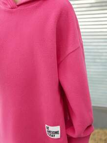 SHEIN 女大童標語補丁貼落肩袖連帽衫&喇叭褲 - 玫紅色 - 查看 5
