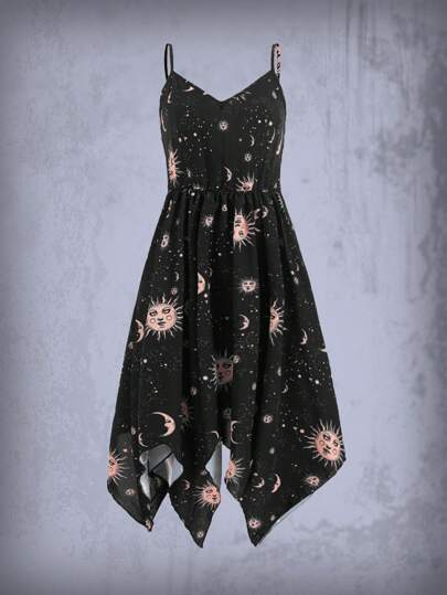 Heymoonly Vestido de tirantes con estampado de sol y luna con fruncido bajo hanky