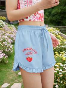 ROMWE Kawaii 草莓圖案褶邊腰部抽繩短褲 - 淺藍色 - 查看 3