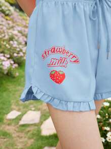 ROMWE Kawaii 草莓圖案褶邊腰部抽繩短褲 - 淺藍色 - 查看 5