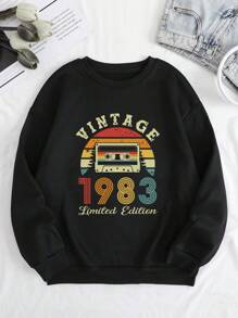 SHEIN LUNE 錄音帶和字母圖案加絨內裏運動衫 - 黑色 - 查看 1