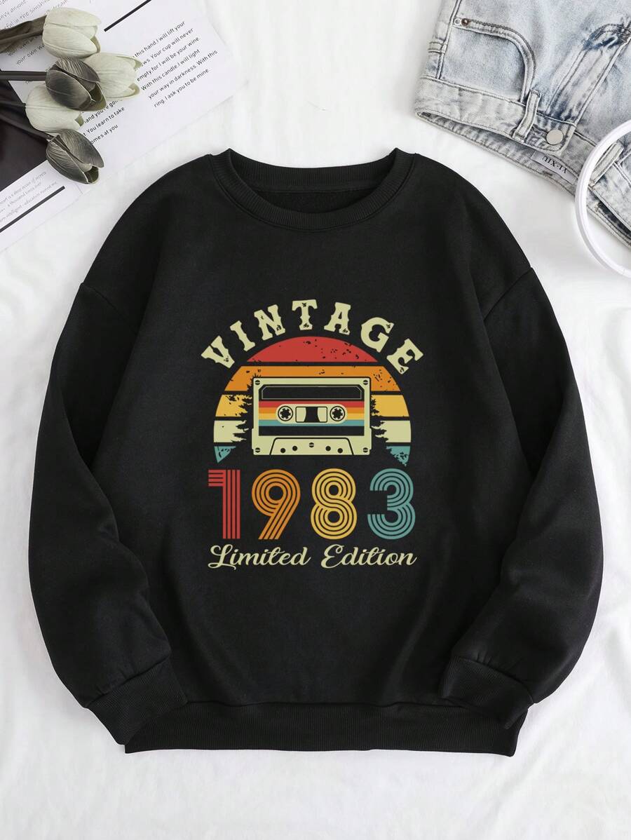 SHEIN LUNE 錄音帶和字母圖案加絨內裏運動衫 - 黑色 - 查看 1