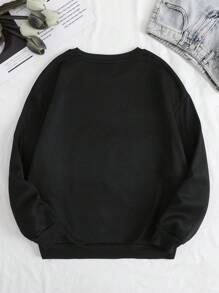 SHEIN LUNE 錄音帶和字母圖案加絨內裏運動衫 - 黑色 - 查看 2