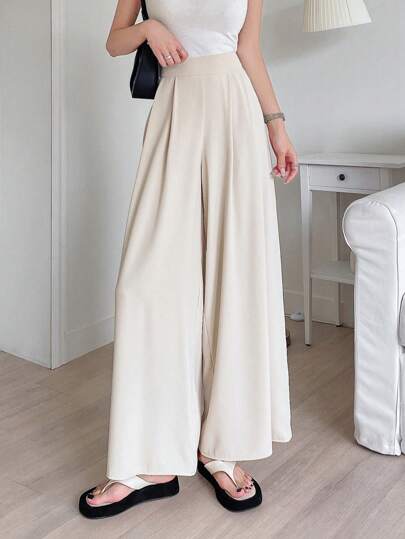 DAZY Women's Solid Color High Waist Pleated Wide Leg Loose Elegant Long Pants