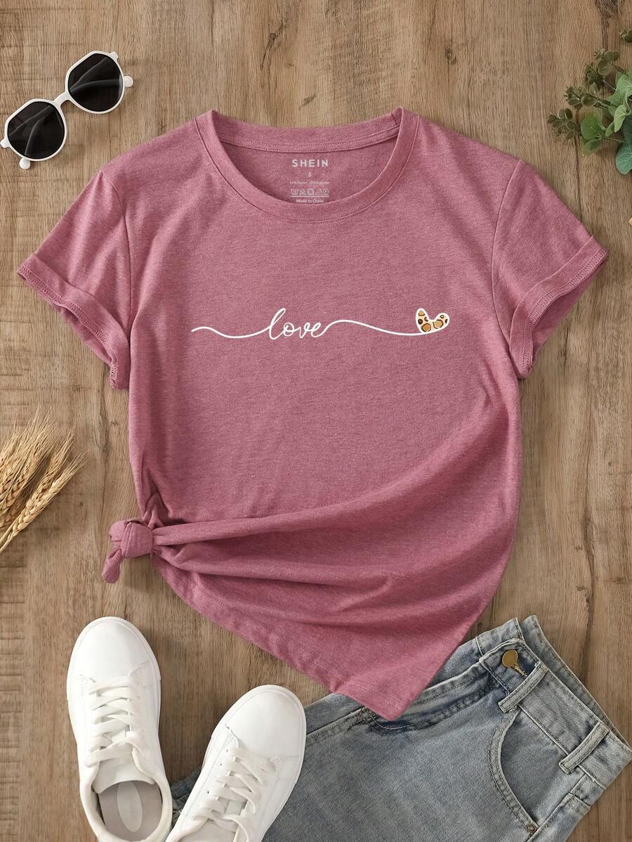 INAWLY Letter & Heart Print Tee - Dusty Pink - View 1
