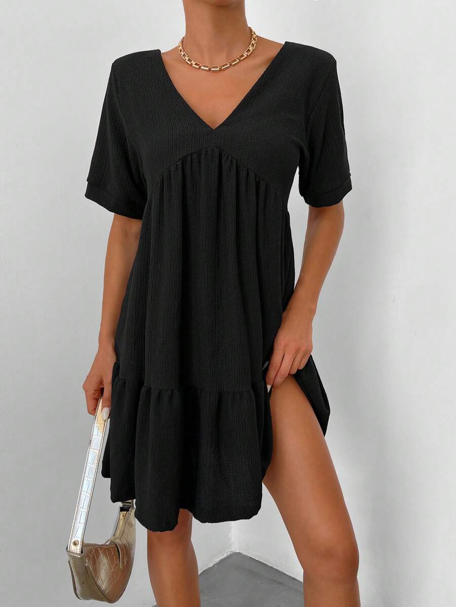 EURMUSE Women's Casual Everyday Commute Simple Solid Color V-Neck Babydoll Dress, Summer - Black - View 1