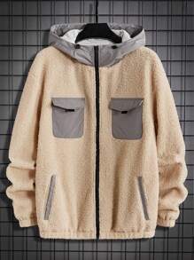 Manfinity VCAY Loose Men's Flap Pocket Drop Shoulder Hooded Teddy Coat - Apricot - View 1