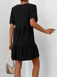 EURMUSE Women's Casual Everyday Commute Simple Solid Color V-Neck Babydoll Dress, Summer - Black - View 2