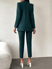 RueChic Solid Double Breasted Blazer & Pants - Dark Green - View 2