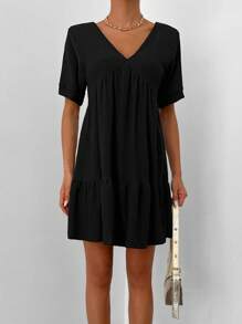 EURMUSE Women's Casual Everyday Commute Simple Solid Color V-Neck Babydoll Dress, Summer - Black - View 3