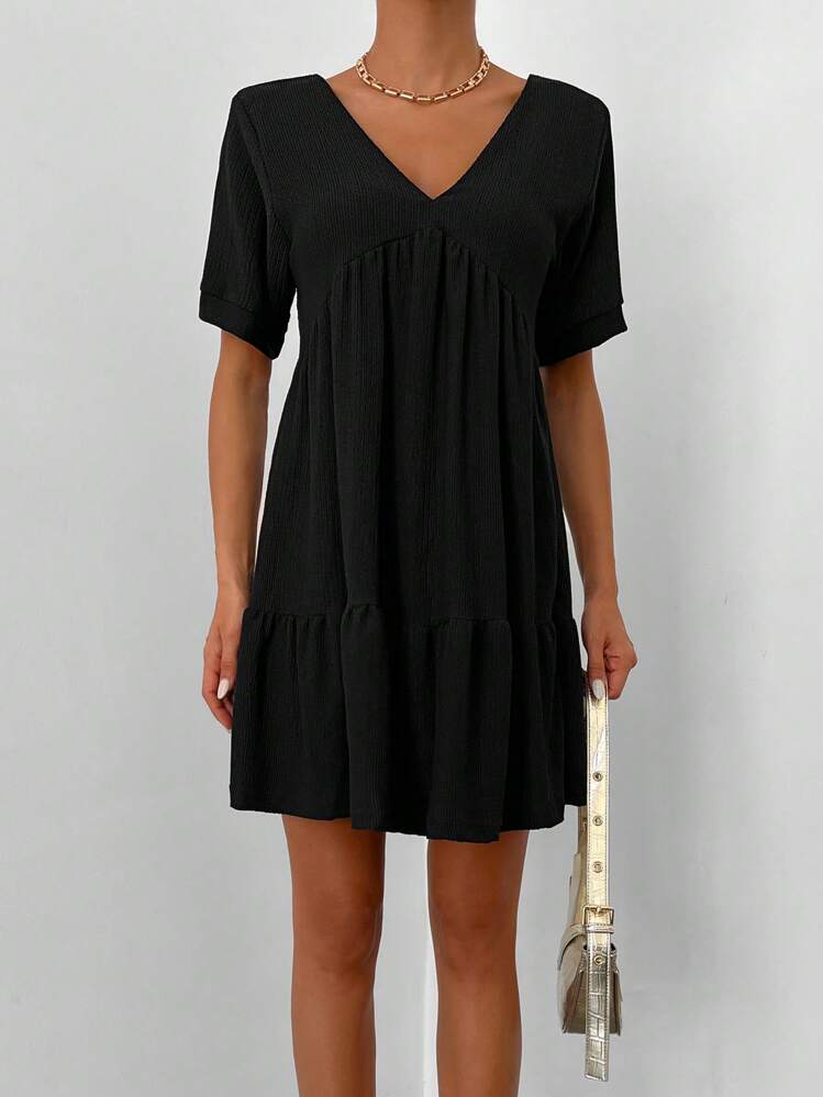 EURMUSE Women's Casual Everyday Commute Simple Solid Color V-Neck Babydoll Dress, Summer - Black - View 3