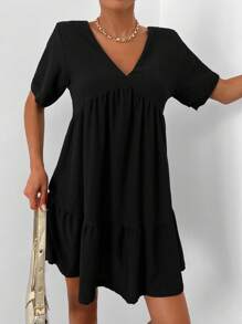EURMUSE Women's Casual Everyday Commute Simple Solid Color V-Neck Babydoll Dress, Summer - Black - View 4