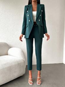 RueChic Solid Double Breasted Blazer & Pants - Dark Green - View 4