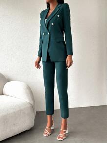 RueChic Solid Double Breasted Blazer & Pants - Dark Green - View 5