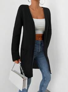 EURMUSE Dual Pocket Open Front Cardigan - Black - View 5