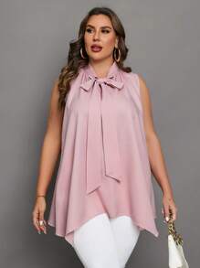 Chikora Plus Tie Neck Asymmetrical Hem Blouse - Dusty Pink - View 1
