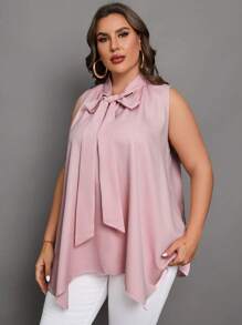 Chikora Plus Tie Neck Asymmetrical Hem Blouse - Dusty Pink - View 3