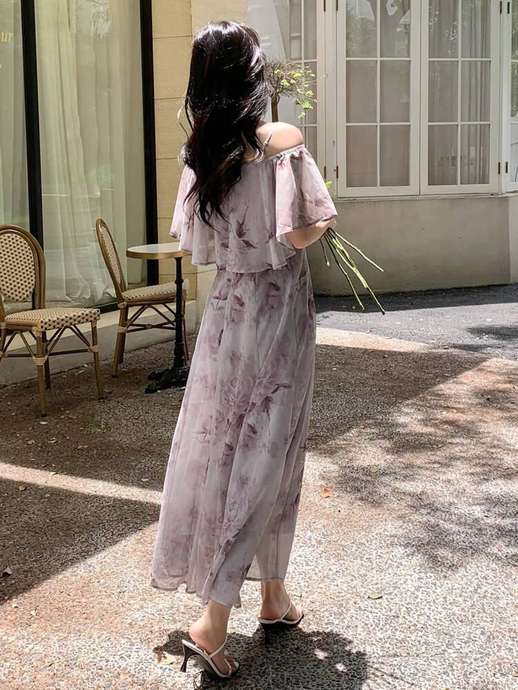 Floral Print Off Shoulder Ruffle Trim Dress Sundress Vacation Outfits Women Easter Boho