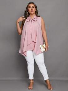 Chikora Plus Tie Neck Asymmetrical Hem Blouse - Dusty Pink - View 4