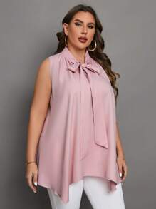 Chikora Plus Tie Neck Asymmetrical Hem Blouse - Dusty Pink - View 5