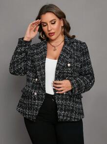 SHEIN Clasi Plus Plaid Pattern Double Breasted Tweed Blazer - Black - View 6