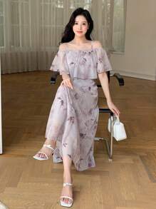 DAZY 花卉印花露肩荷叶边连衣裙