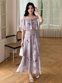 DAZY 花卉印花露肩荷叶边连衣裙