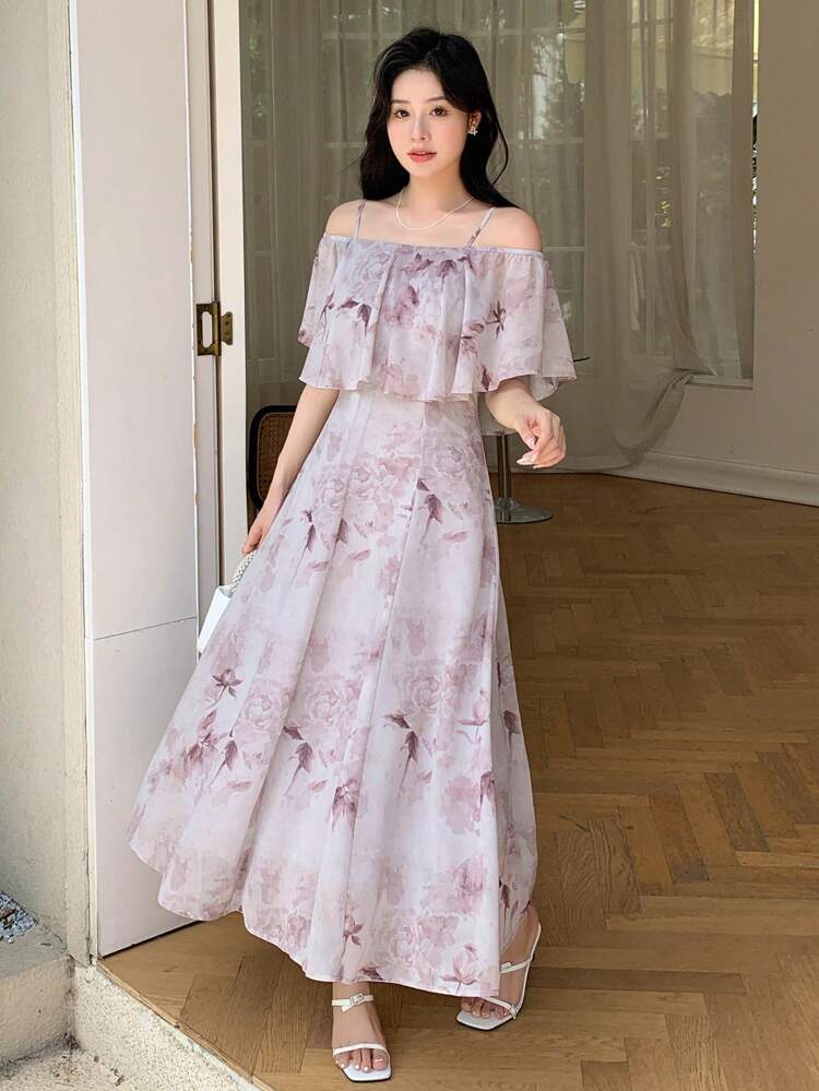 Floral Print Off Shoulder Ruffle Trim Dress Sundress Vacation Outfits Women Easter Boho