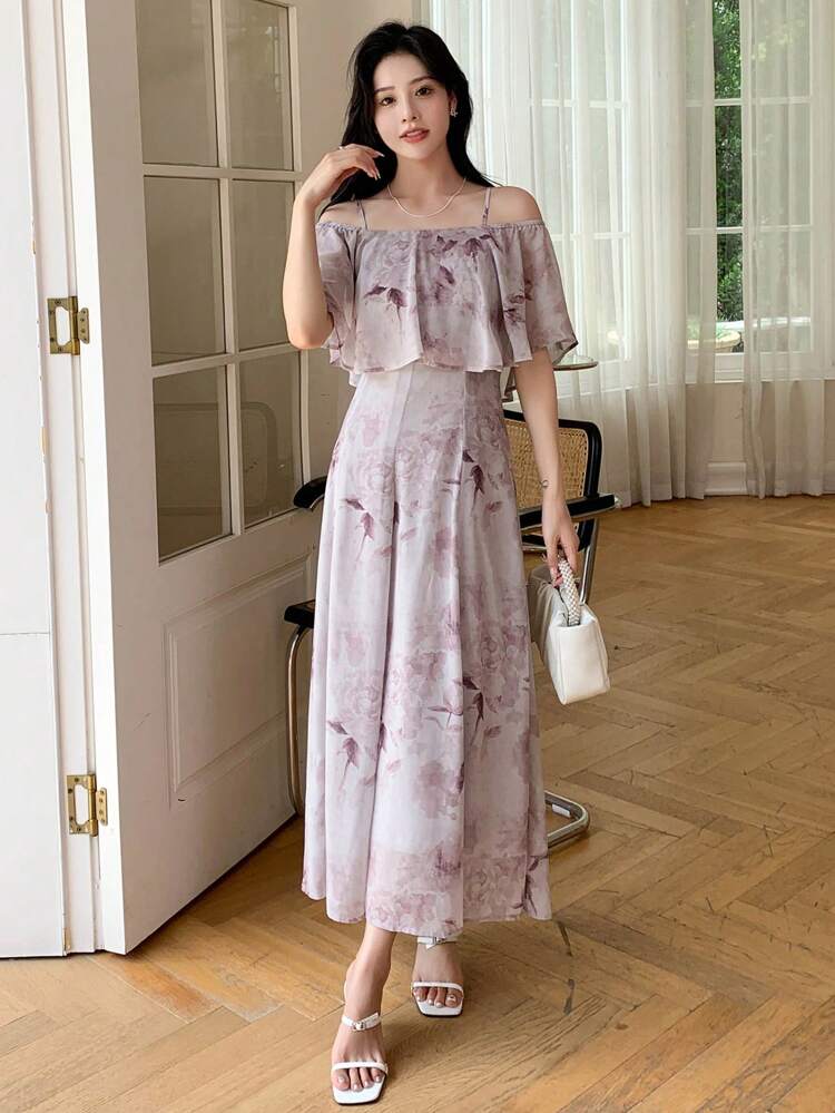 Floral Print Off Shoulder Ruffle Trim Dress Sundress Vacation Outfits Women Easter Boho