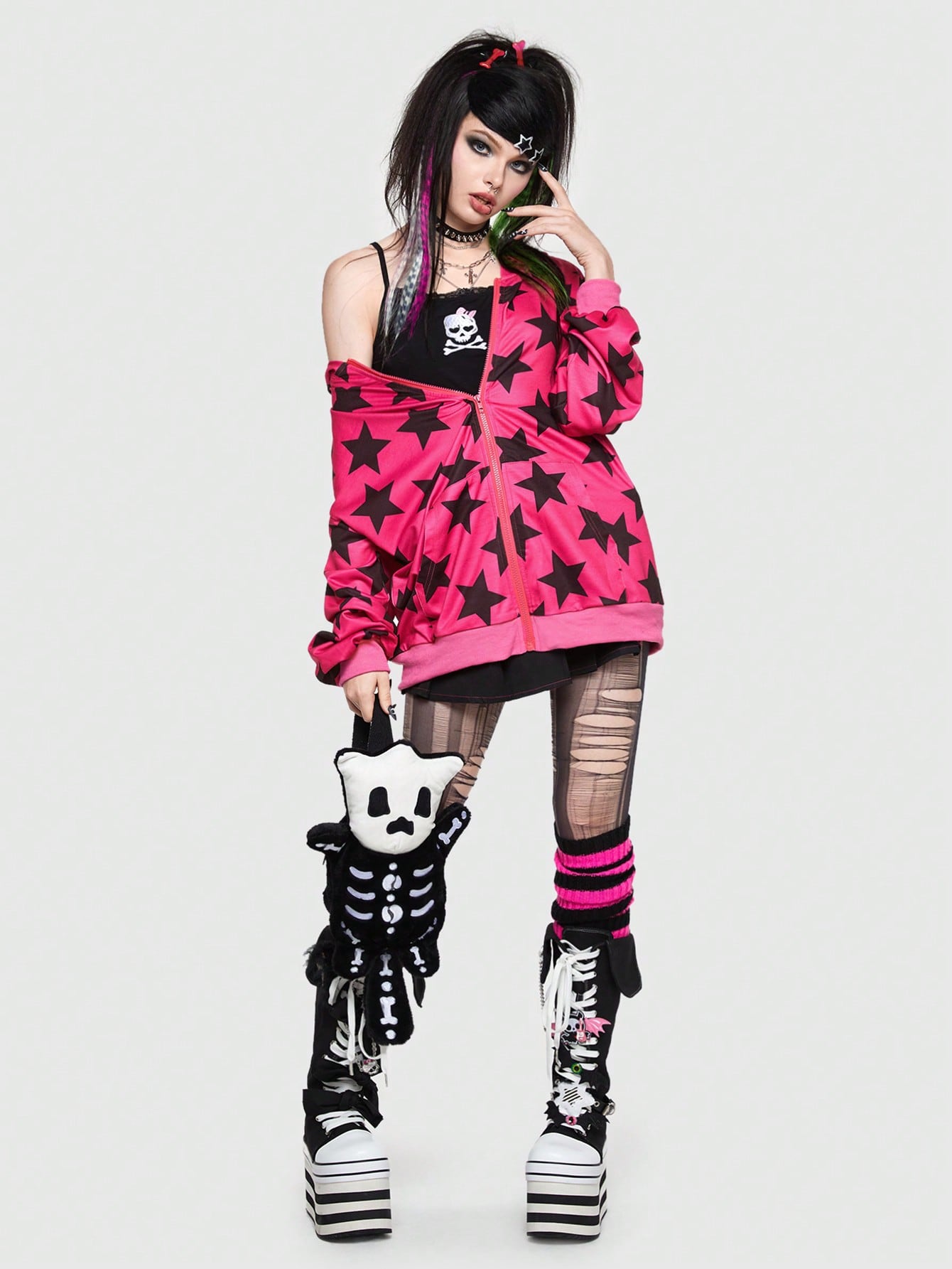 Our ROMWE Avant Scene Outfits Star Print Zip Up Hoodie Emo