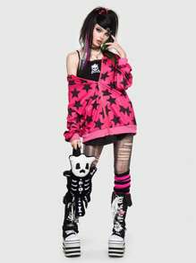 ROMWE Avant Trang phục cảnh có khóa kéo in hình ngôi sao - Màu Hồng Tươi - Xem 1