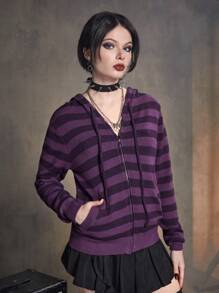 ROMWE Grunge Punk Striped Zip Up Drawstring Hooded Cardigan, School