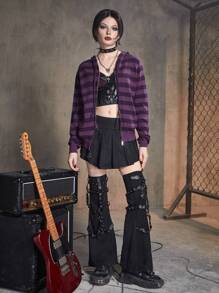 ROMWE Grunge Punk Striped Zip Up Drawstring Hooded Cardigan, School