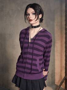 ROMWE Grunge Punk Striped Zip Up Drawstring Hooded Cardigan, School