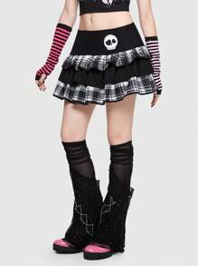 ROMWE Avant Scene Outfits Plaid Skull Print Ruffle Trim Skirt - Multicolor - View 1