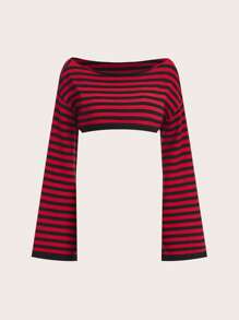 ROMWE Grunge Punk Striped Pattern Bell Sleeve Crop Sweater - Red - View 1