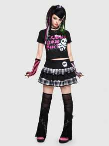 ROMWE Avant Scene Outfits Plaid Skull Print Ruffle Trim Skirt - Multicolor - View 2