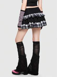ROMWE Avant Scene Outfits Plaid Skull Print Ruffle Trim Skirt - Multicolor - View 3