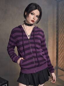 ROMWE Grunge Punk Striped Zip Up Drawstring Hooded Cardigan, School