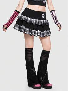 ROMWE Avant Scene Outfits Plaid Skull Print Ruffle Trim Skirt - Multicolor - View 4