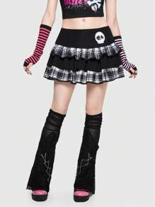 ROMWE Avant Scene Outfits Plaid Skull Print Ruffle Trim Skirt - Multicolor - View 5