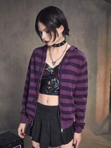 ROMWE Grunge Punk Striped Zip Up Drawstring Hooded Cardigan, School