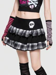 ROMWE Avant Scene Outfits Plaid Skull Print Ruffle Trim Skirt - Multicolor - View 6