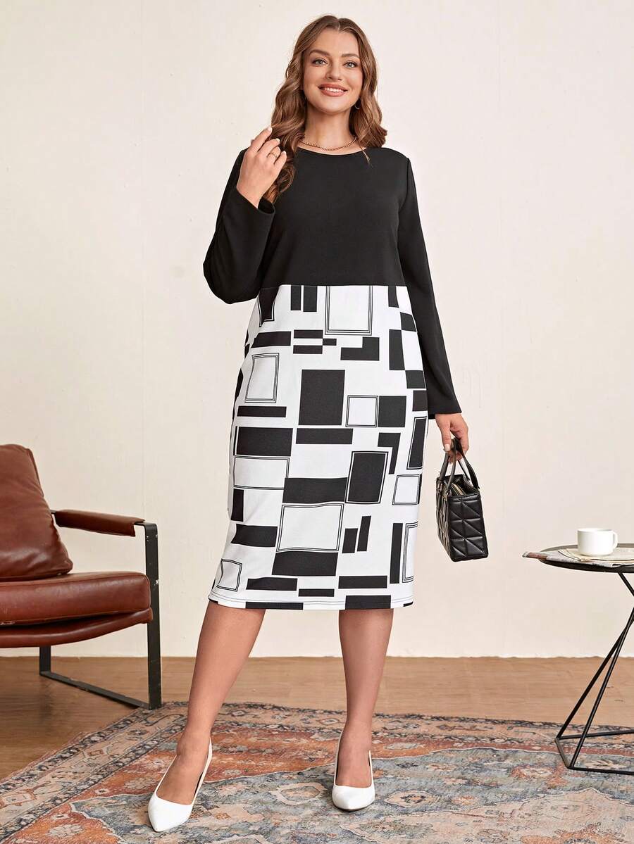 EMERY ROSE Plus Geo Print Dress - Black and White - View 1