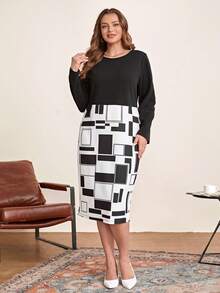 EMERY ROSE Plus Geo Print Dress - Black and White - View 3