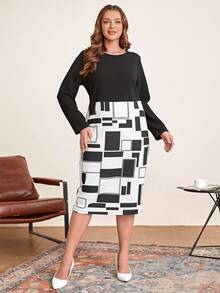 EMERY ROSE Plus Geo Print Dress - Black and White - View 4