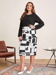 EMERY ROSE Plus Geo Print Dress - Black and White - View 5